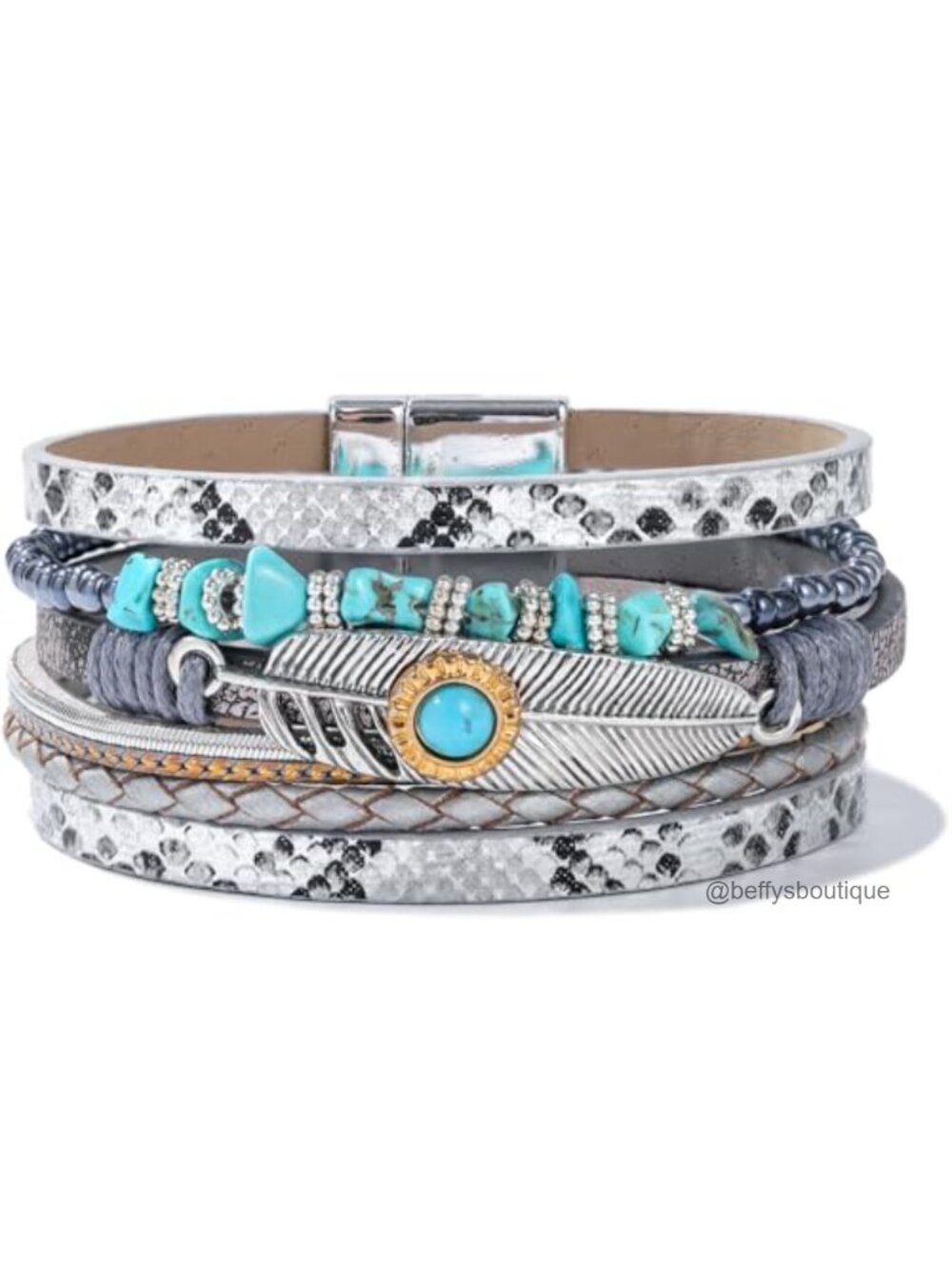 Turquoise Leather Cuff Bracelet Boho Feather Cowgirl Western Jewelry